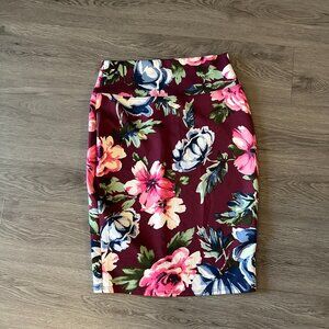 Pull on Pencil Skirt - Wine Dreams / Red Flowers Design -  A'Gaci - Size Medium